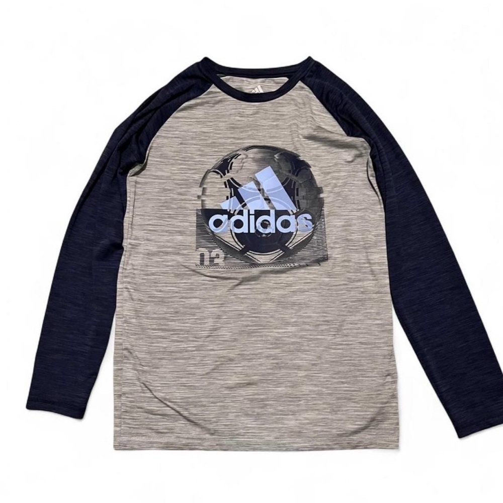 Adidas Boys Gray & Navy Long Sleeve Logo Shirt Size Large – Kids Athletic Tee